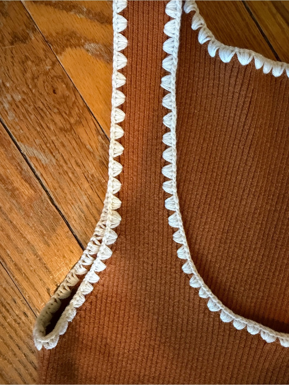Sezane Sleeveless Ribbed Knit Dress with Contrast Trim - Rust - Picture 3 of 6